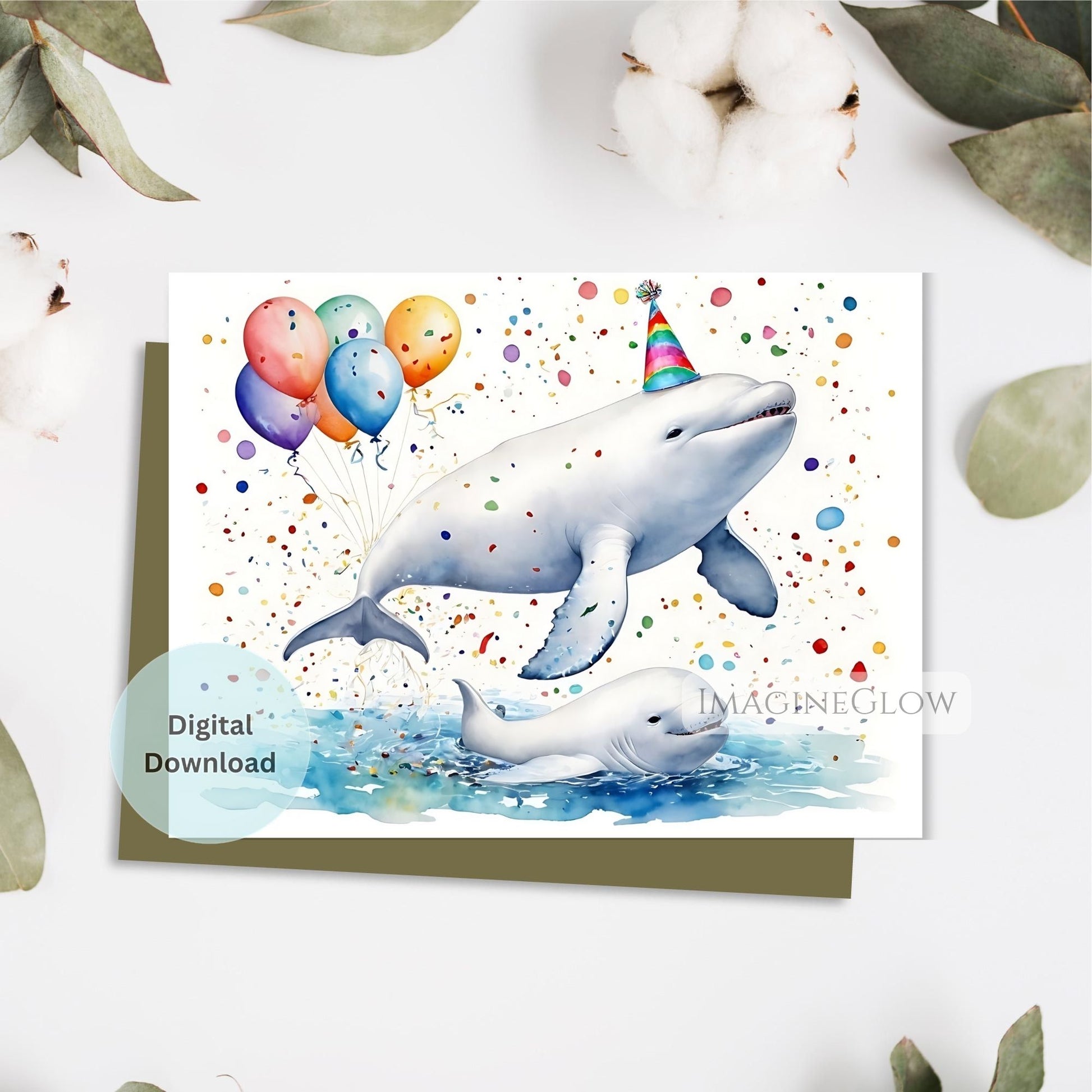 Digital download card with a whale wearing a party hat and balloons on a white background.