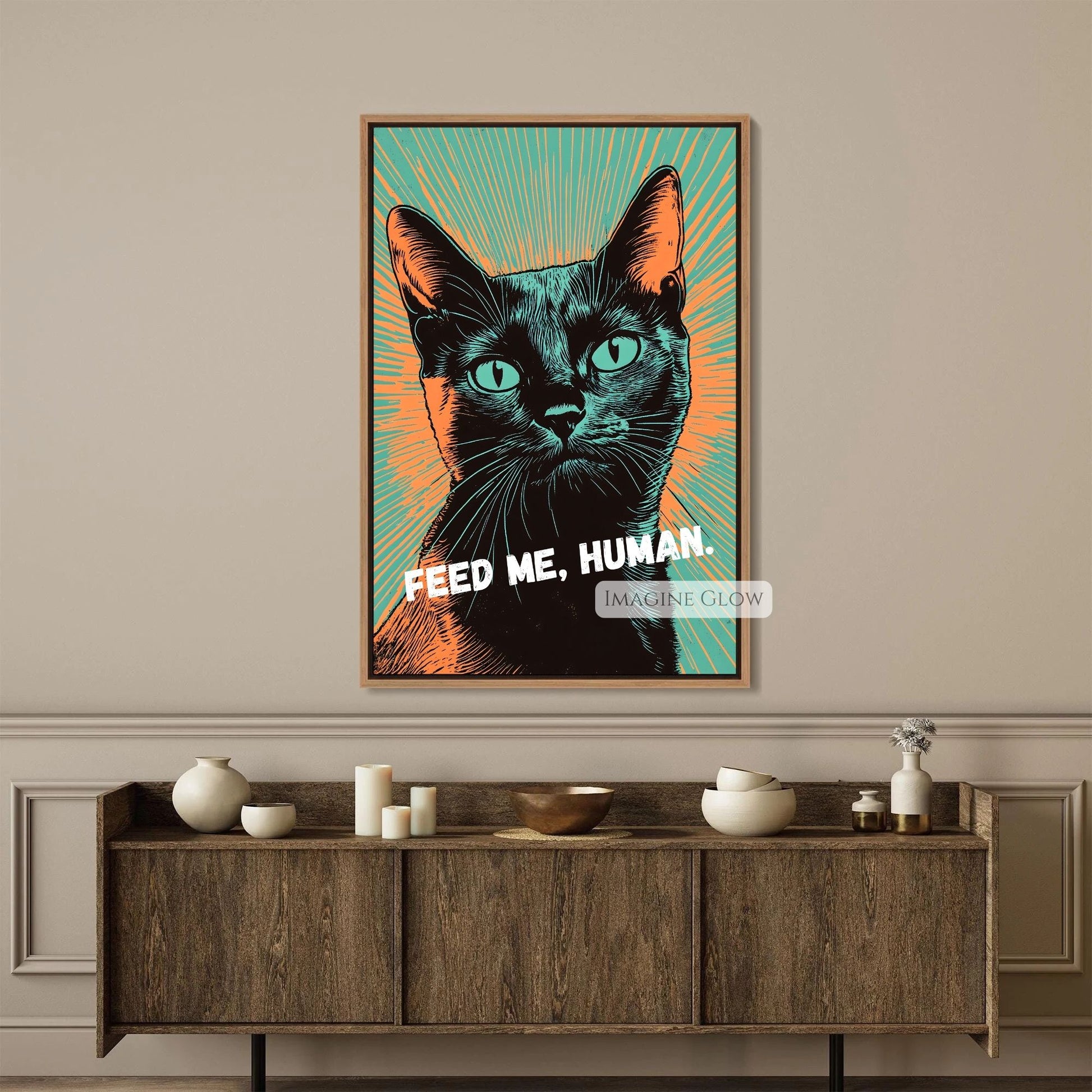 Quirky cat pop art with "Feed Me, Human" for modern decor.
