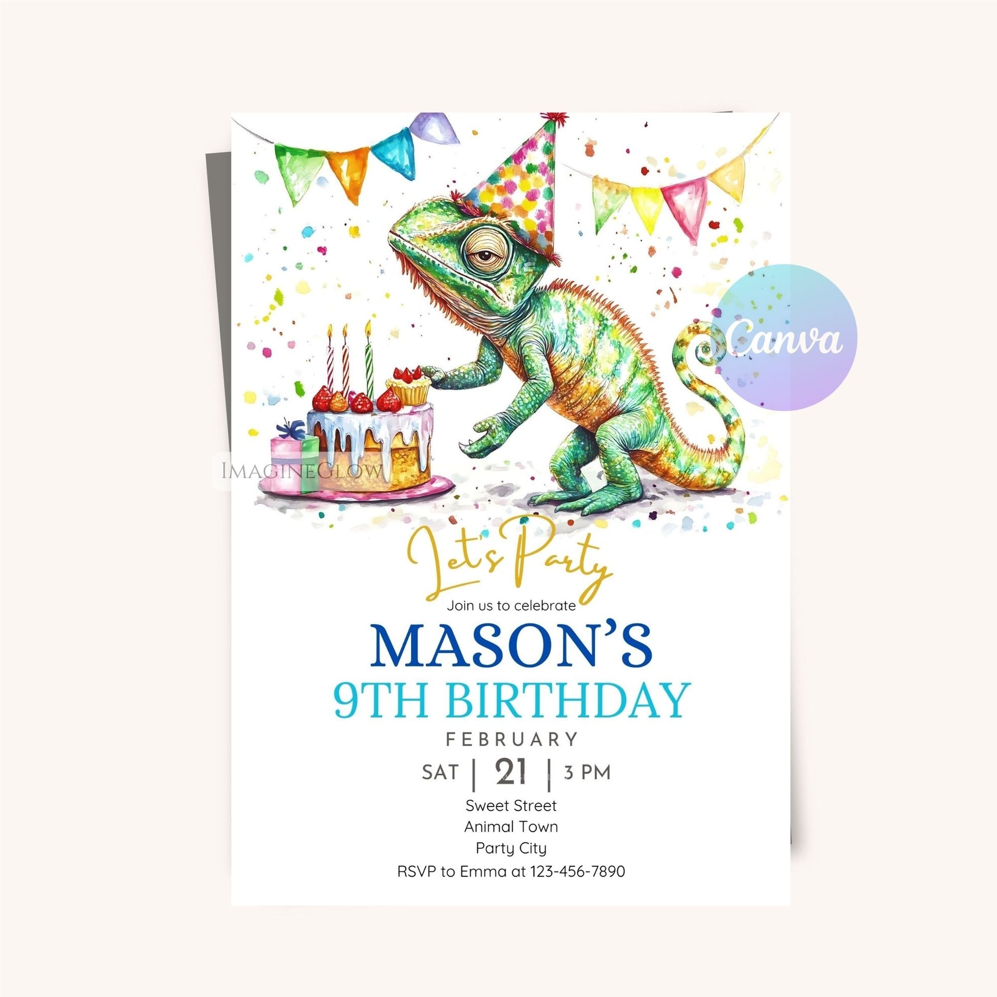 Colorful lizard-themed birthday invitation.