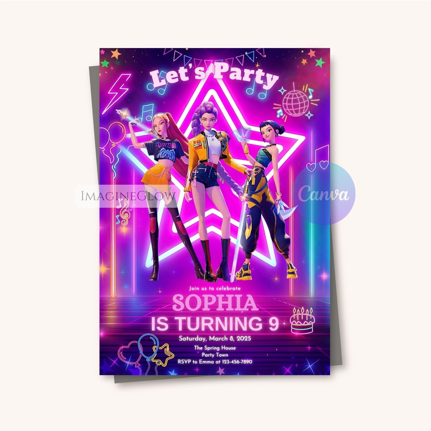 kpop inspired birthday invite
huntrix anime party invitation