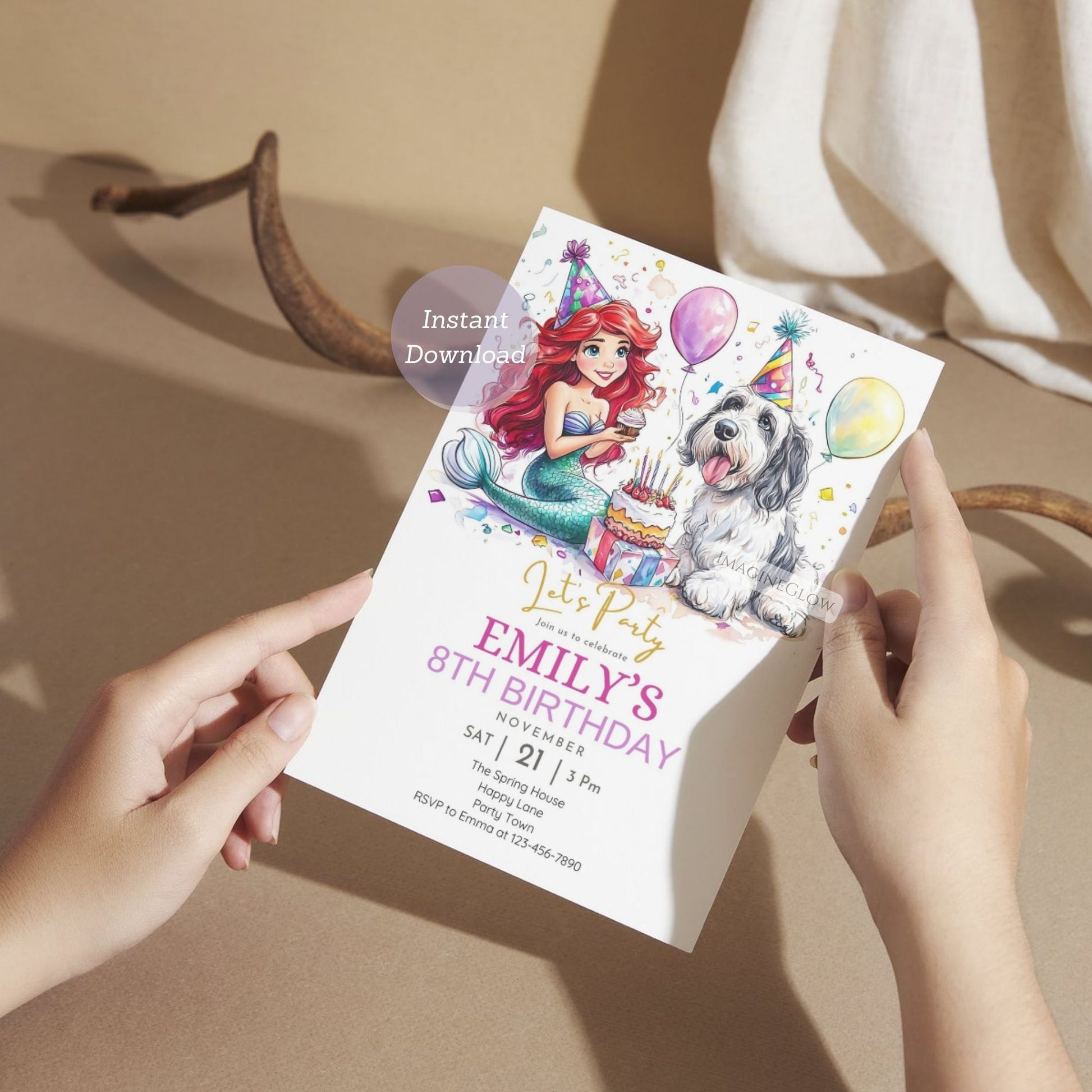 Editable mermaid and puppy party invitation