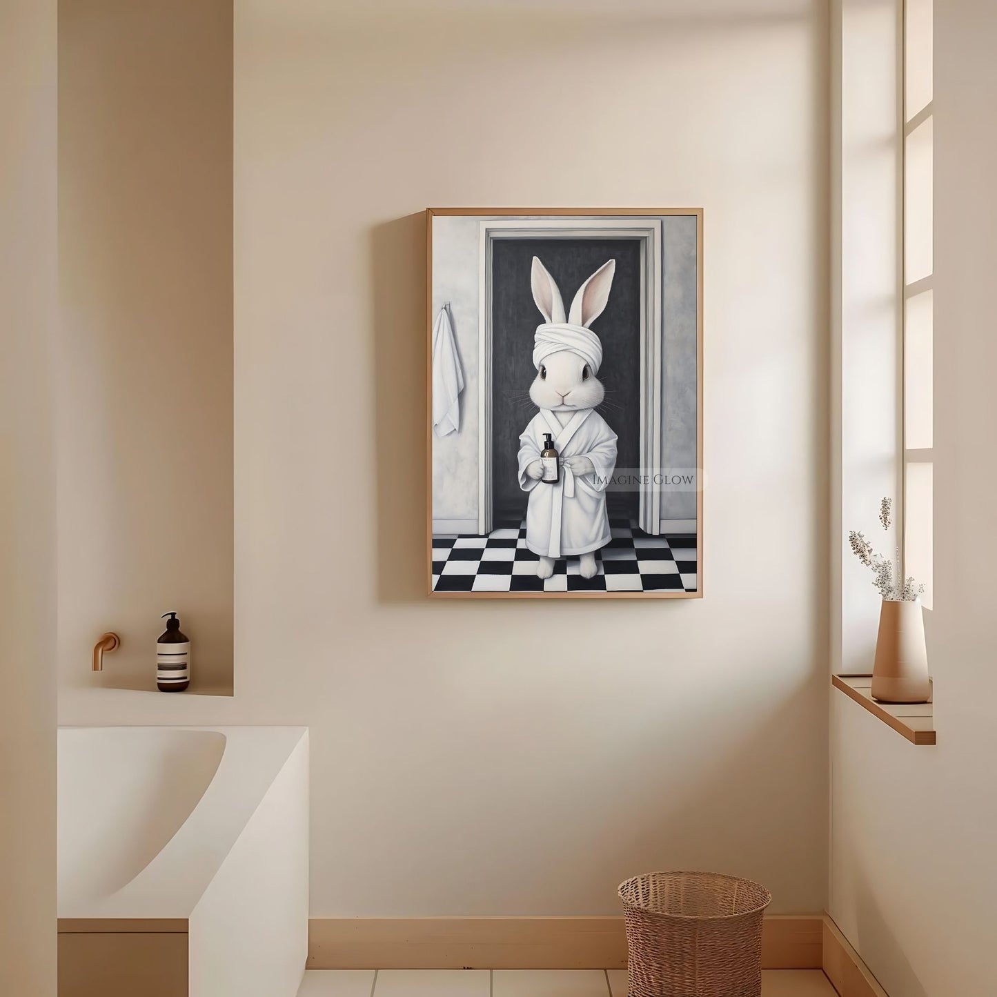 Black and white bunny soap bottle bathroom print