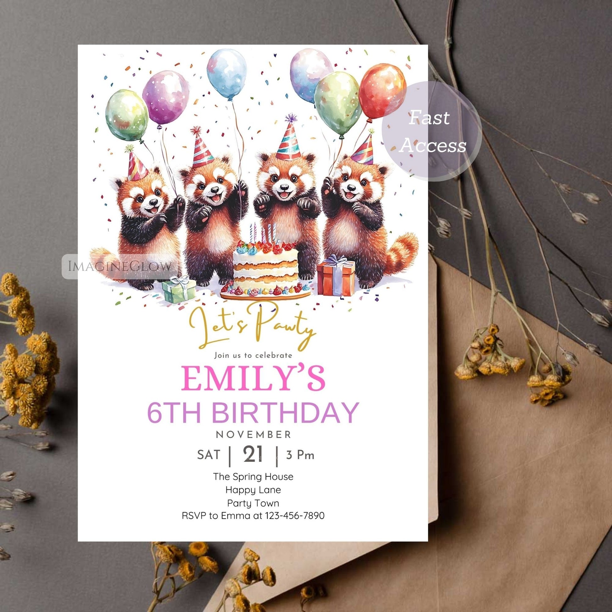 Fun jungle-themed birthday invitation with red pandas