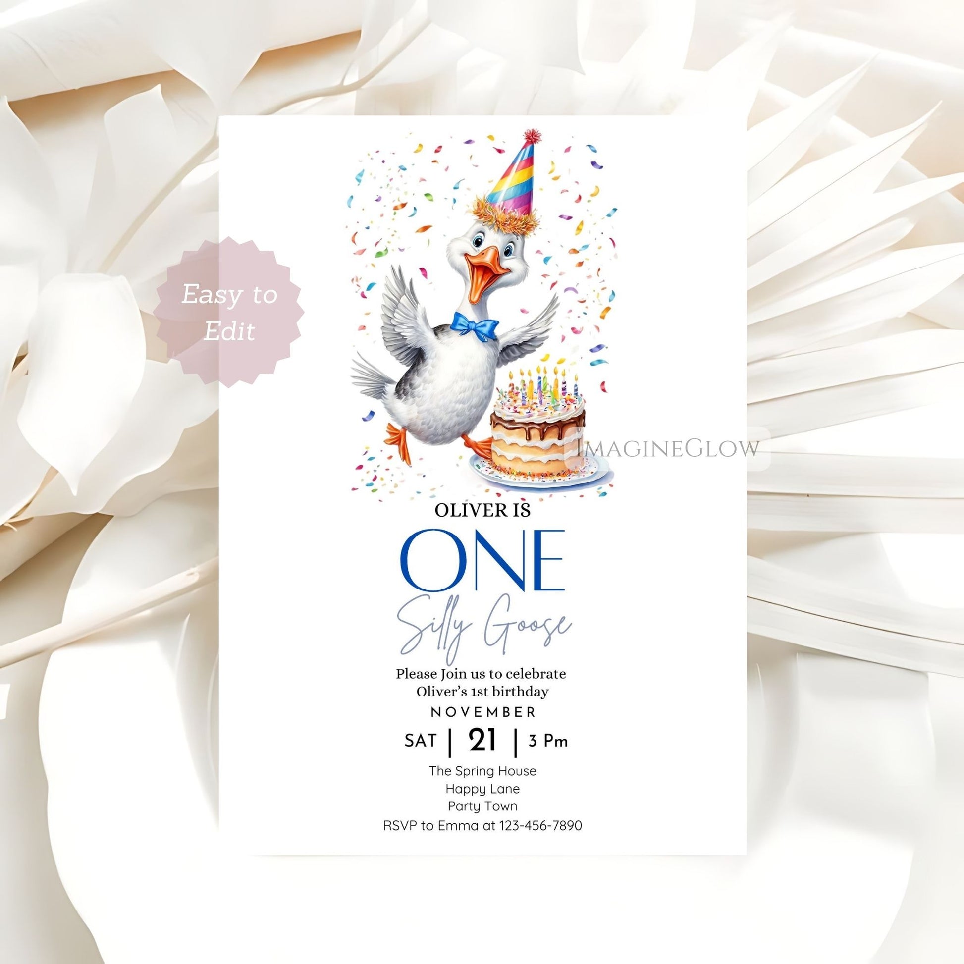 Cute first birthday invitation with a goose theme