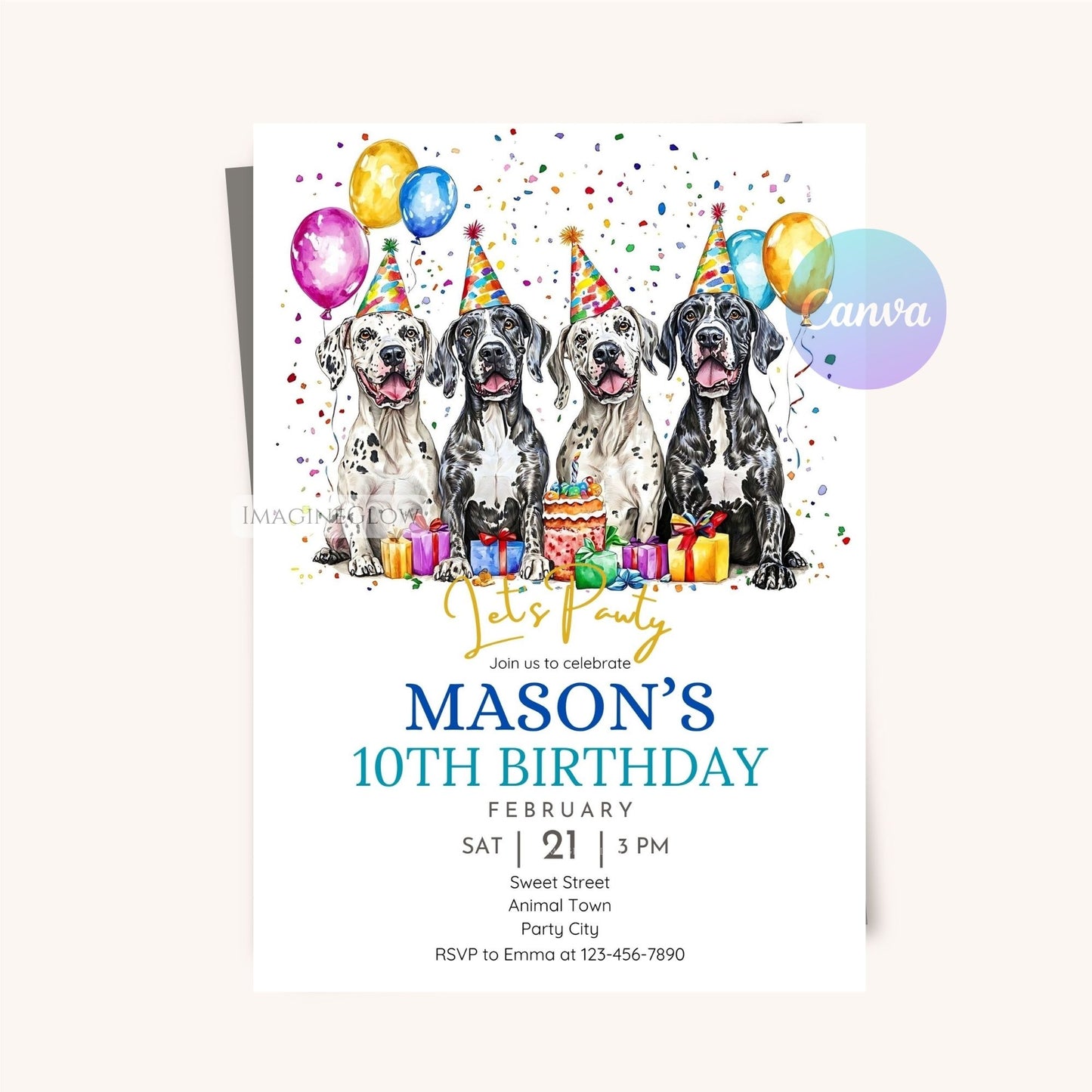 Great Dane birthday party invite digital download.