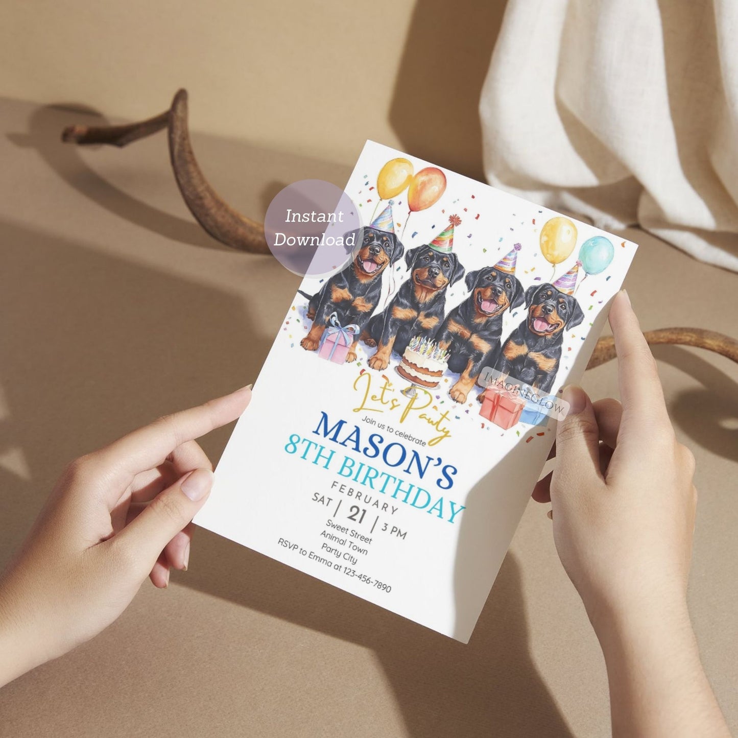 Digital Rottweiler birthday invitation template.