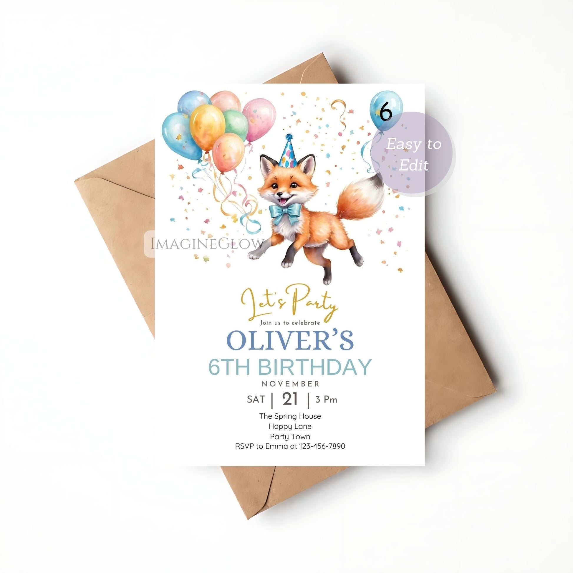 Fox-themed birthday invite with playful forest animals for children