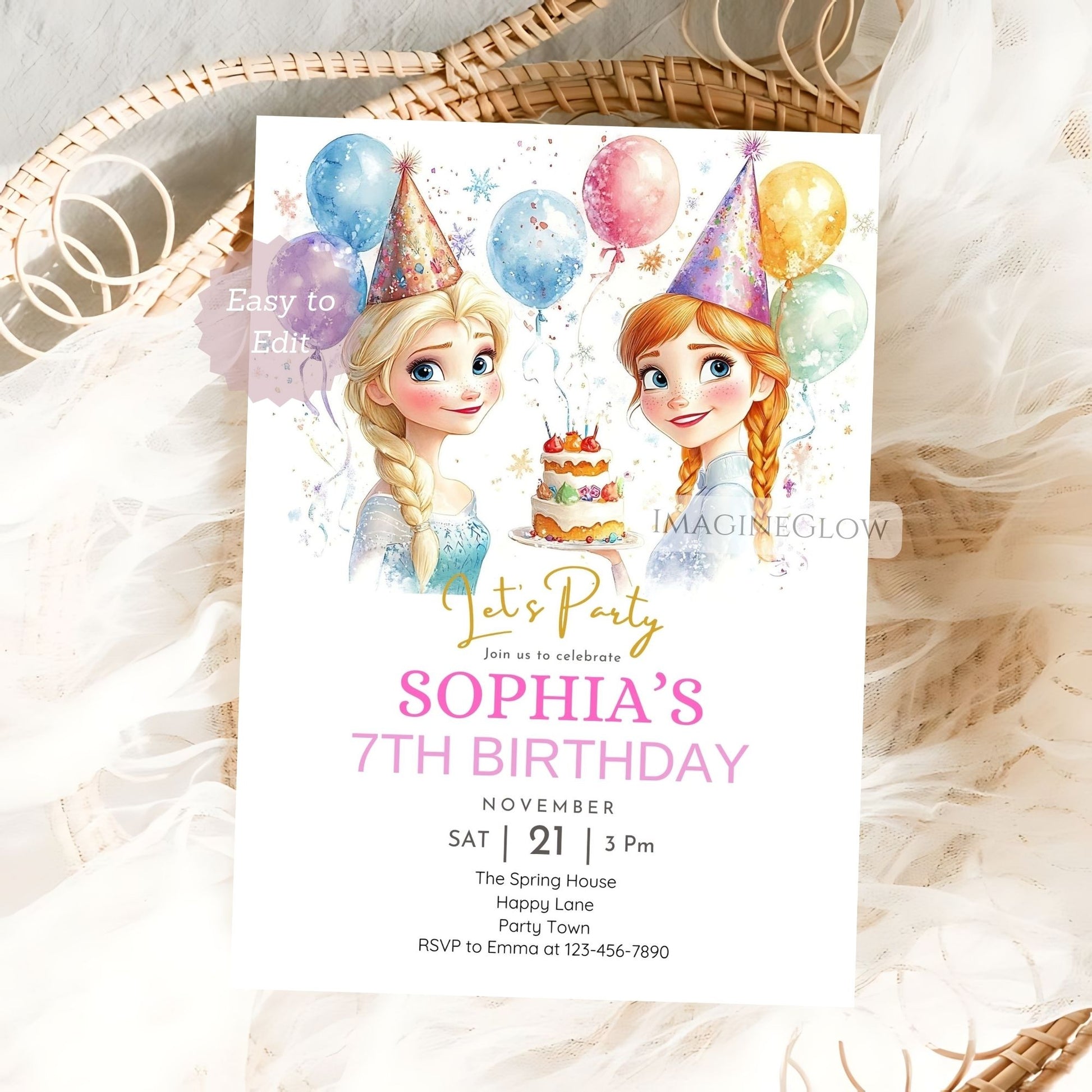Princess party digital invitation editable in Canva
