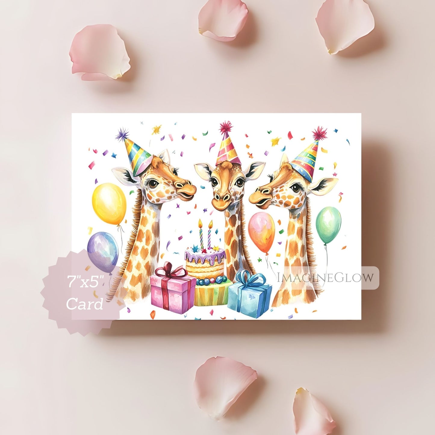 Birthday card with three giraffes wearing party hats, balloons, and a cake on a light pink background.