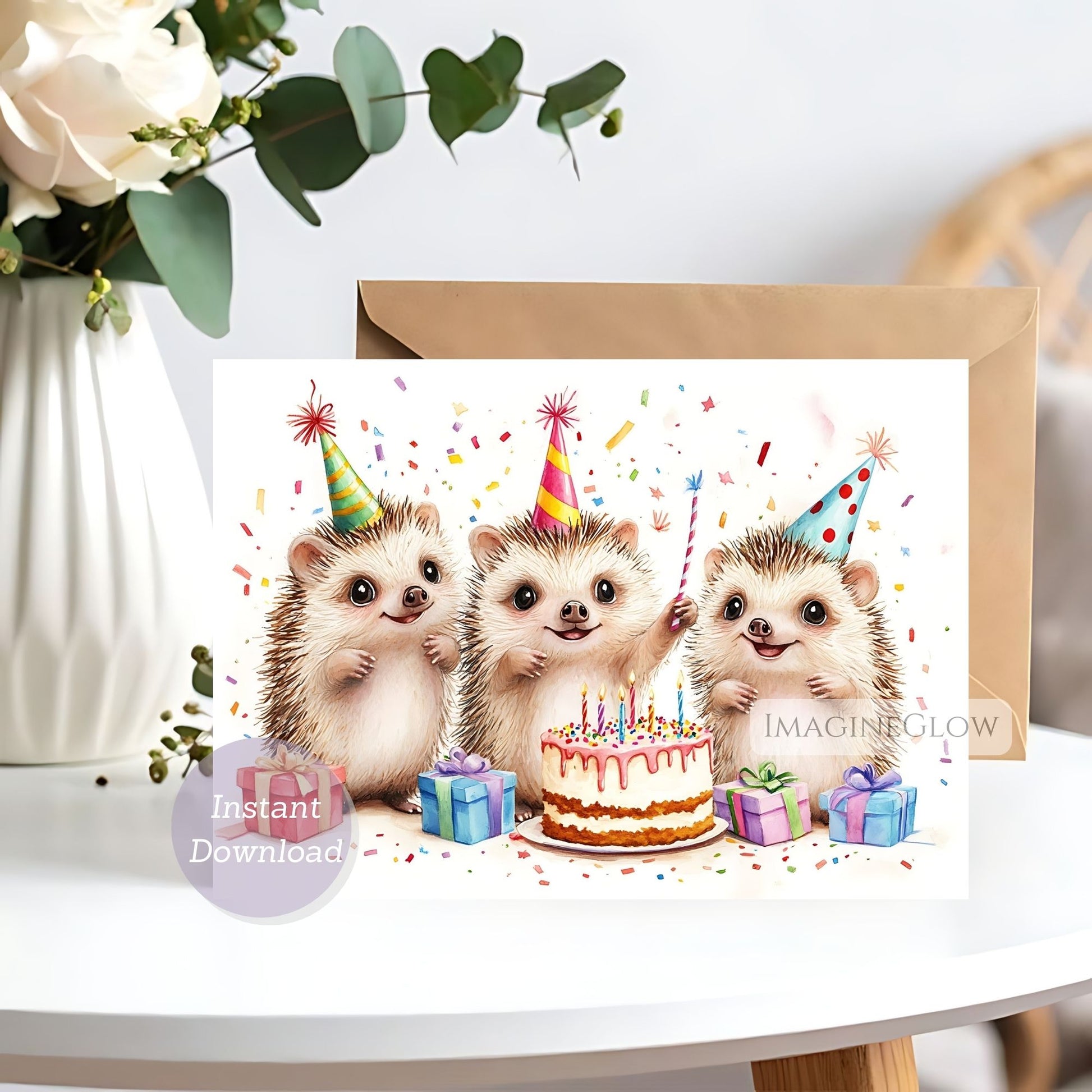Birthday card with hedgehogs around a cake