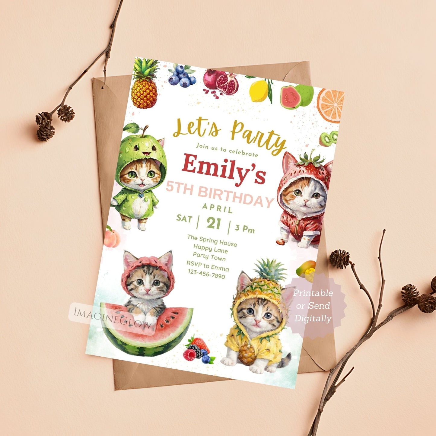 Kitten birthday invitation with summer fruits theme