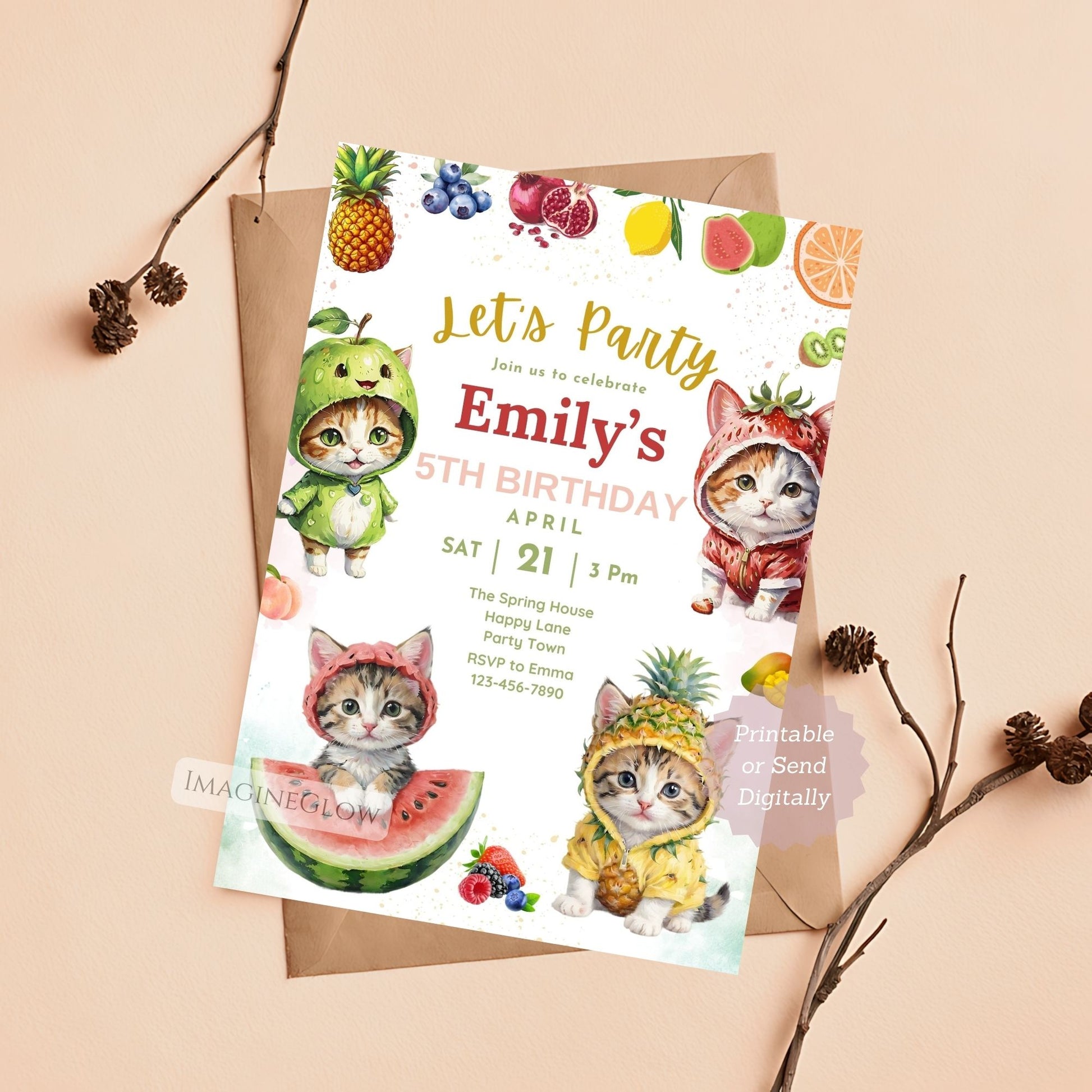 Kitten birthday invitation with summer fruits theme