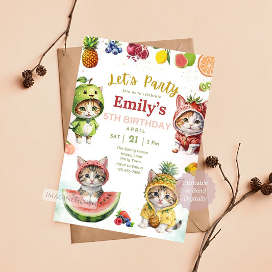 Kitten birthday invitation with summer fruits theme