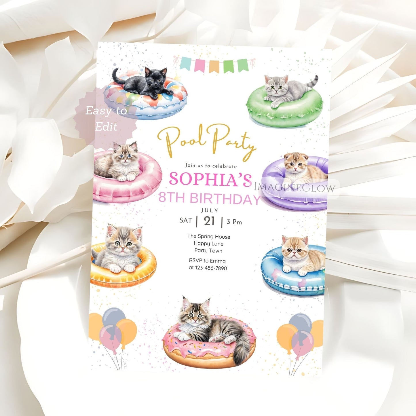 Kitten Pool Party Birthday Invitation - Summer Tropical Beach Party