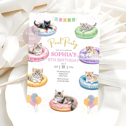Kitten Pool Party Birthday Invitation - Summer Tropical Beach Party