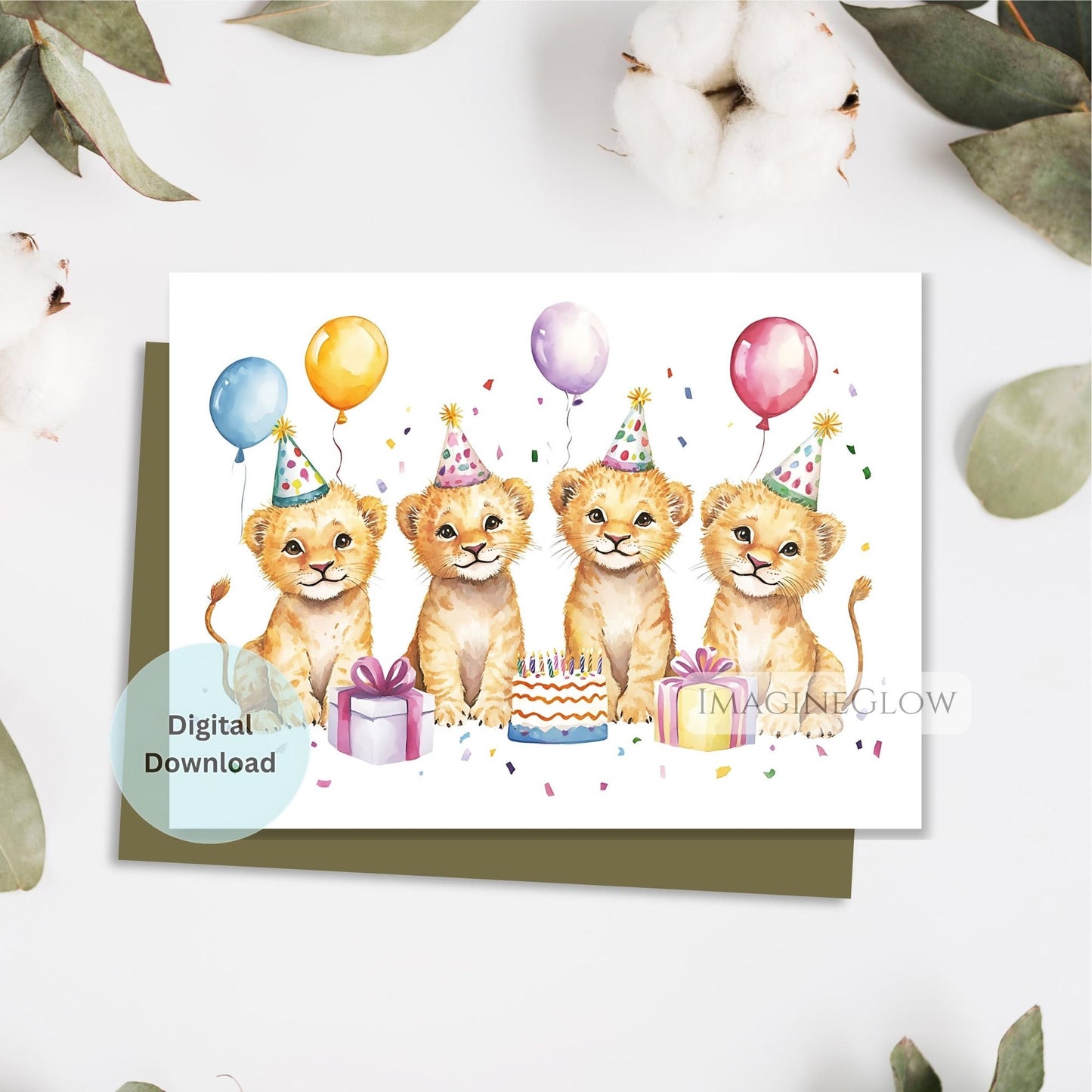 Digital download card with four lion cubs celebrating a birthday, surrounded by balloons and a cake.