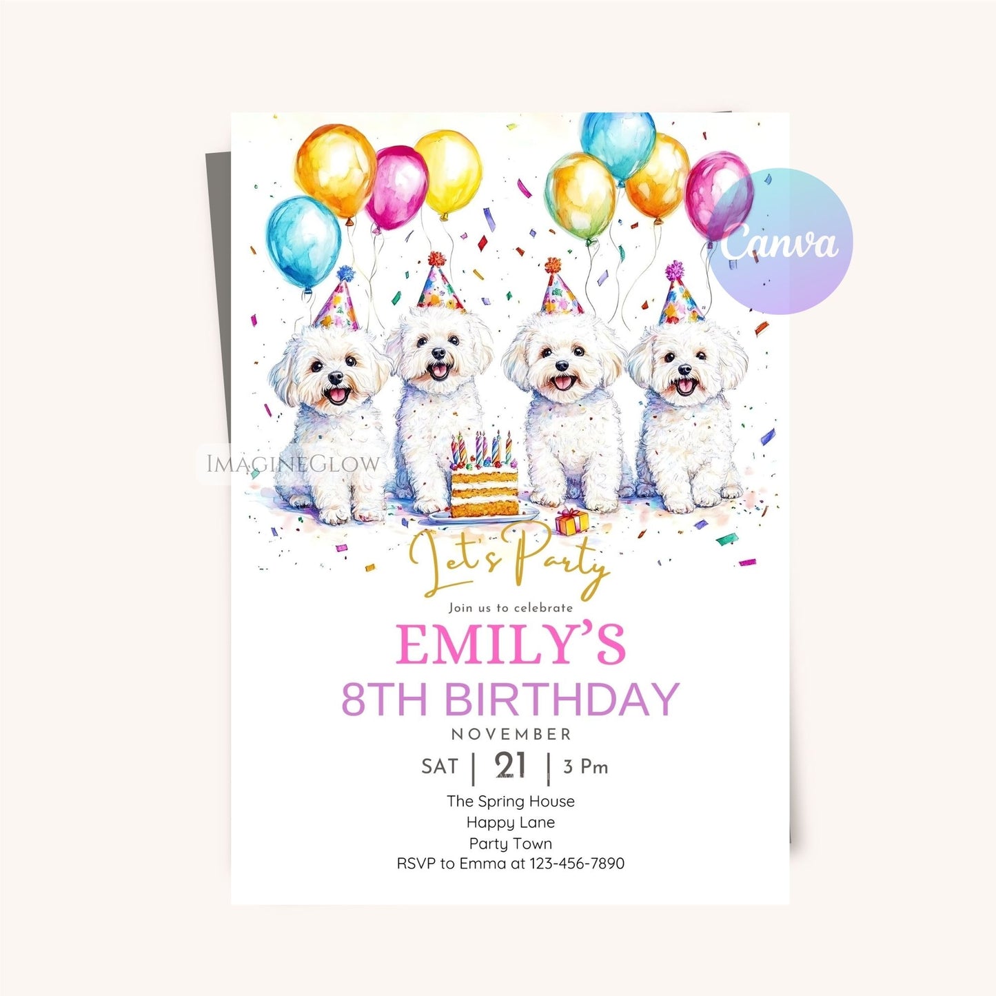 Printable Bichon Frise birthday invite for kids and adults.