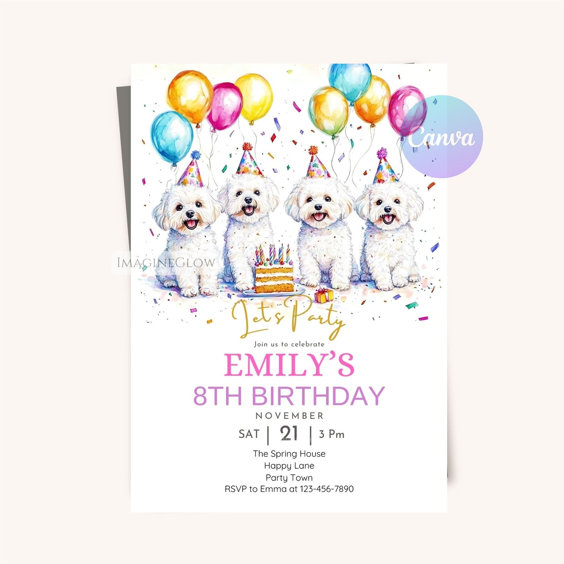 Printable Bichon Frise birthday invite for kids and adults.