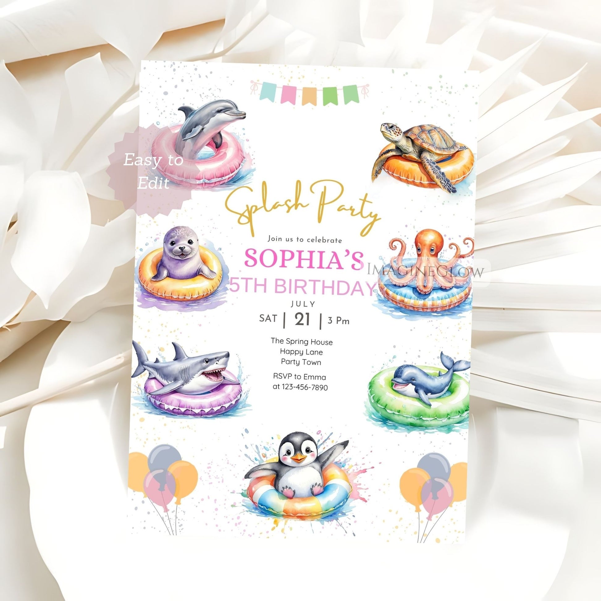 Birthday party invitation with sea-themed illustrations on a white background