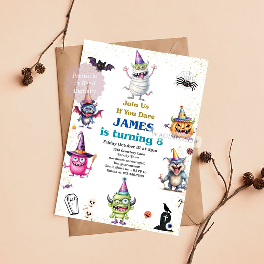 Halloween-themed birthday invitation with colorful monsters on a white background