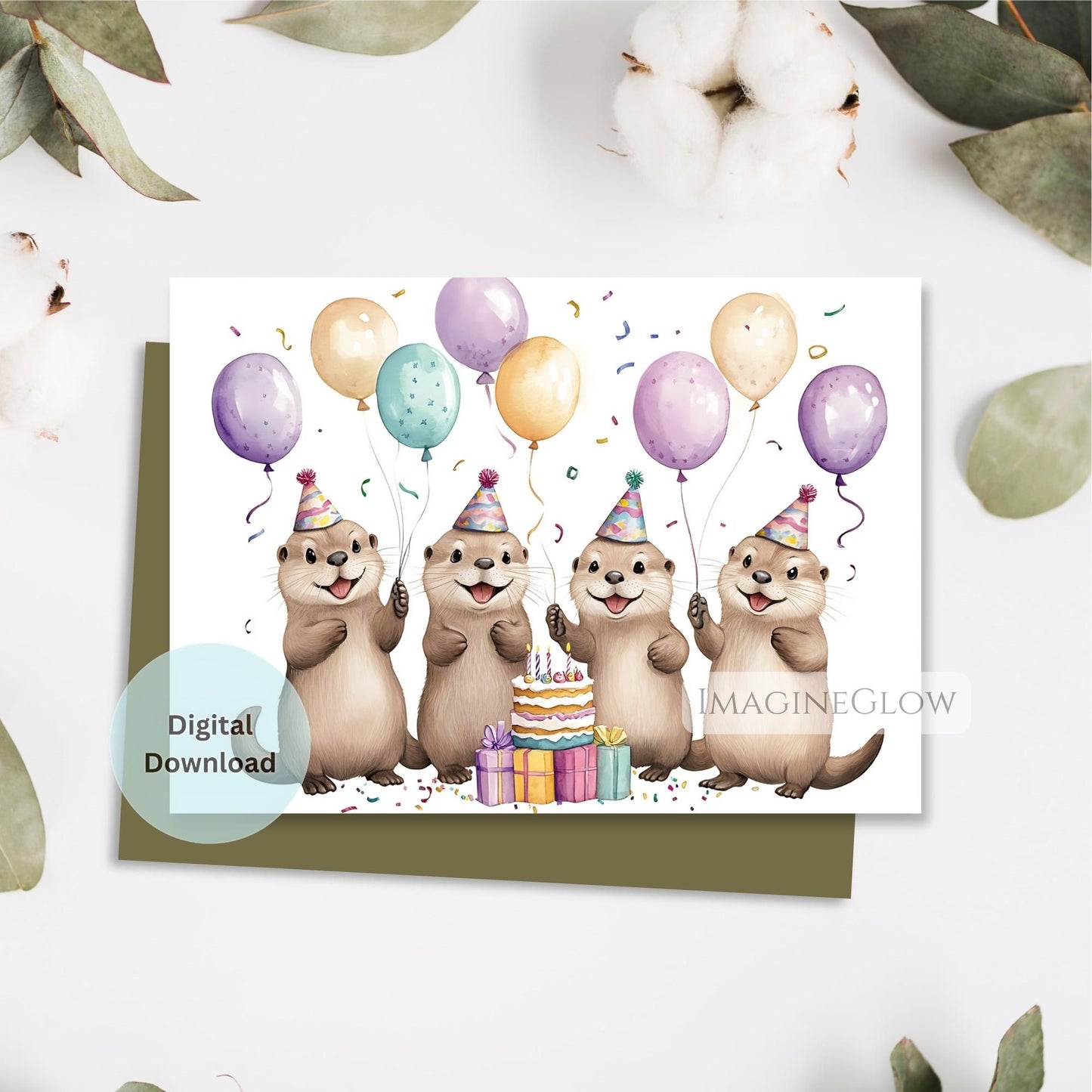 Birthday card with cartoon otters and balloons on a white background