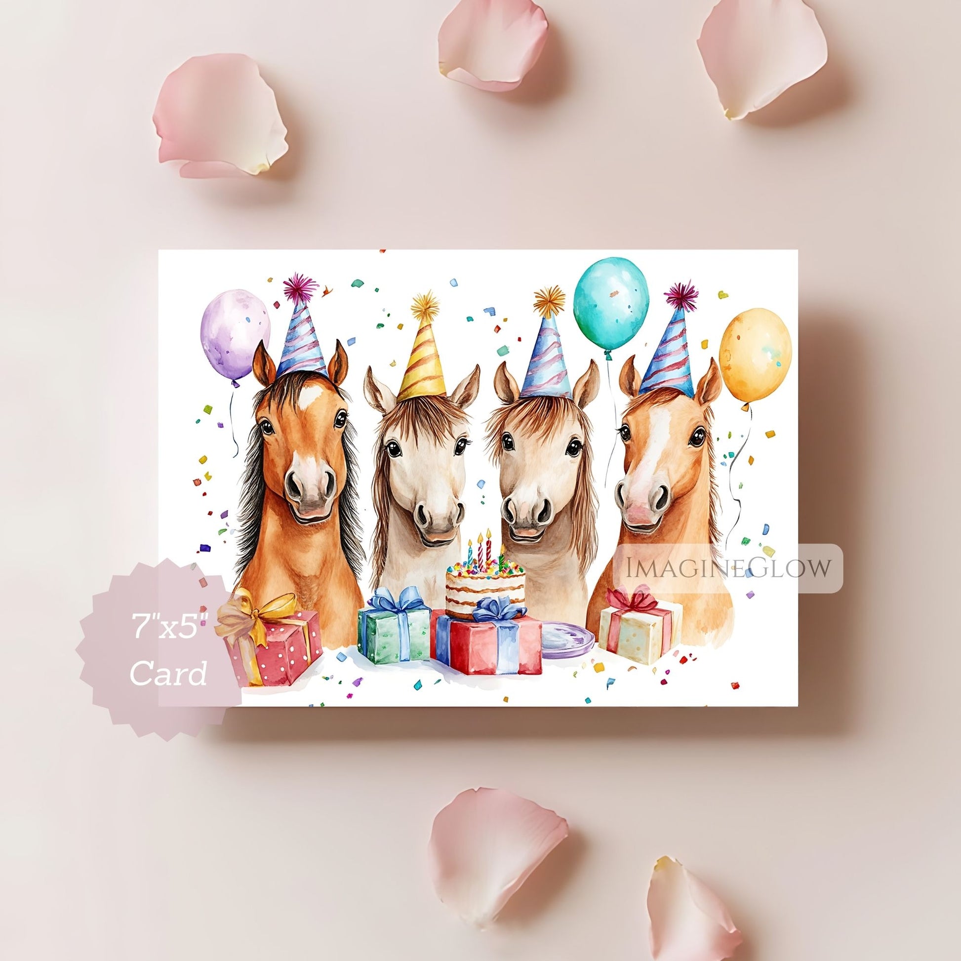 Birthday card with four horses wearing party hats on a white background.