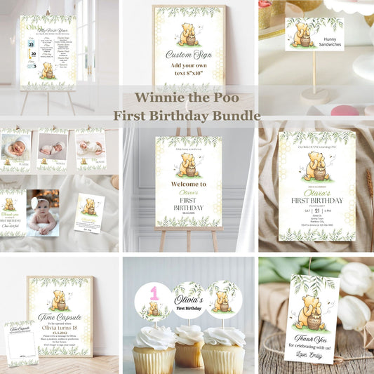 Winnie the Pooh First Birthday Bundle - Classic Pooh Bear Party Printables