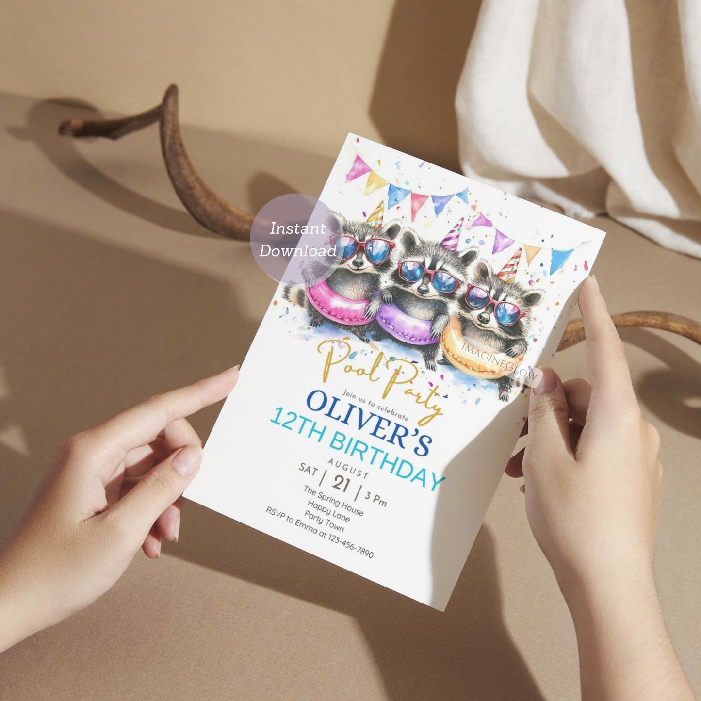 Customizable raccoon birthday invite for swim celebrations.
Fun water-themed birthday invitation with a playful raccoon.