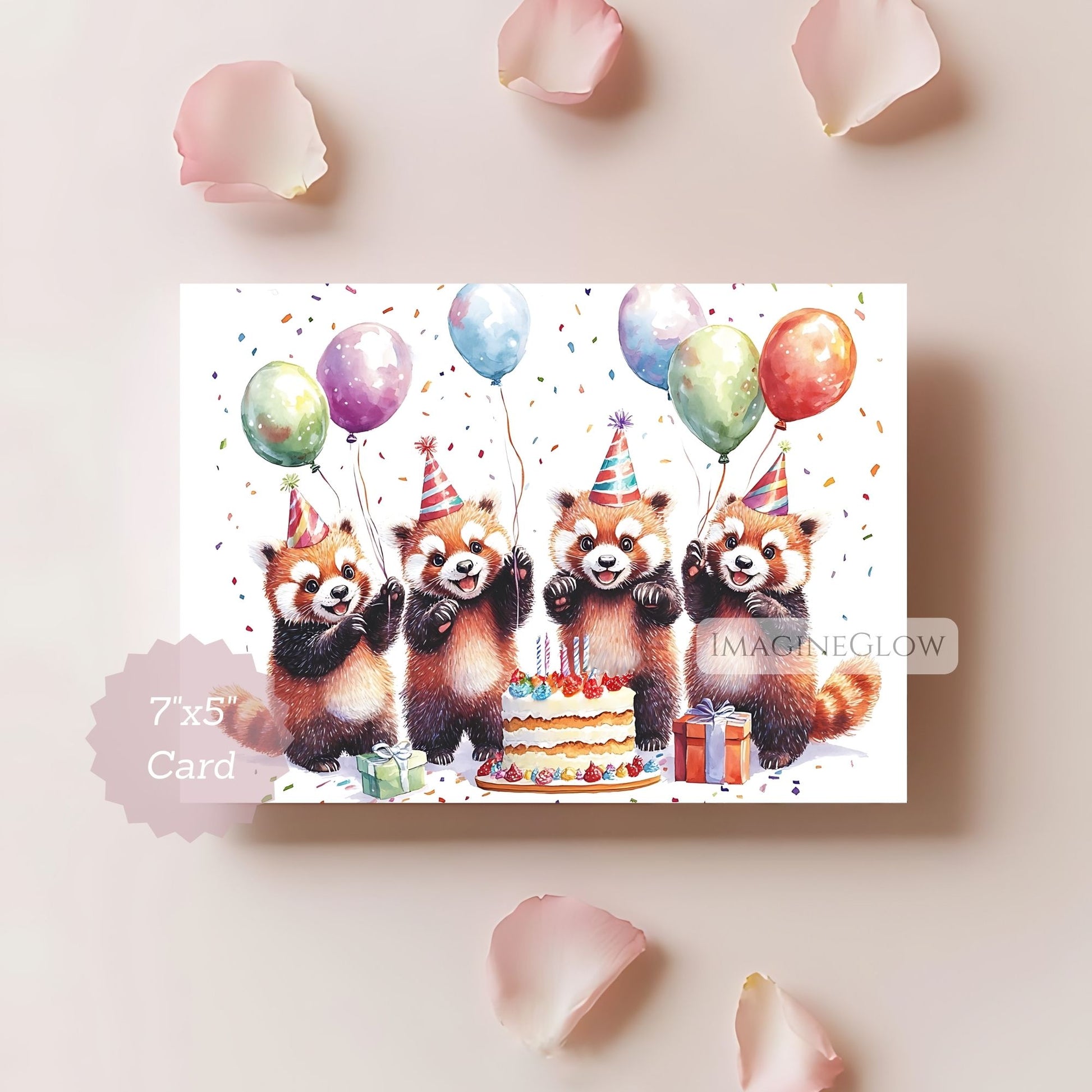 Birthday card with red pandas, balloons, and a cake on a light background.