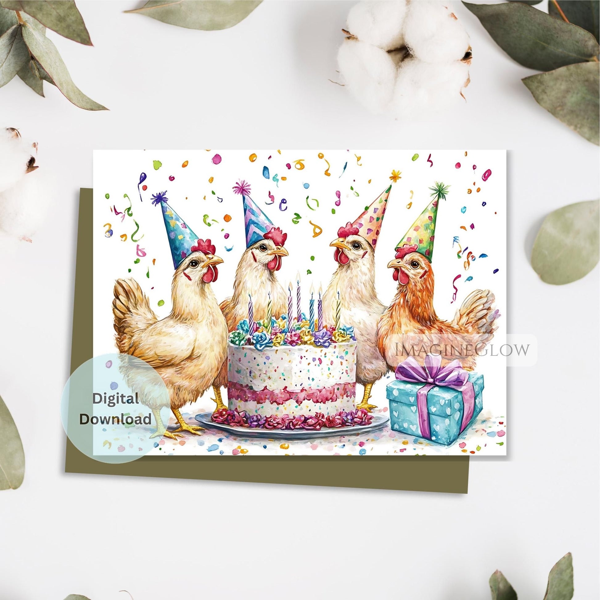 Birthday card with chickens and a cake on a white background