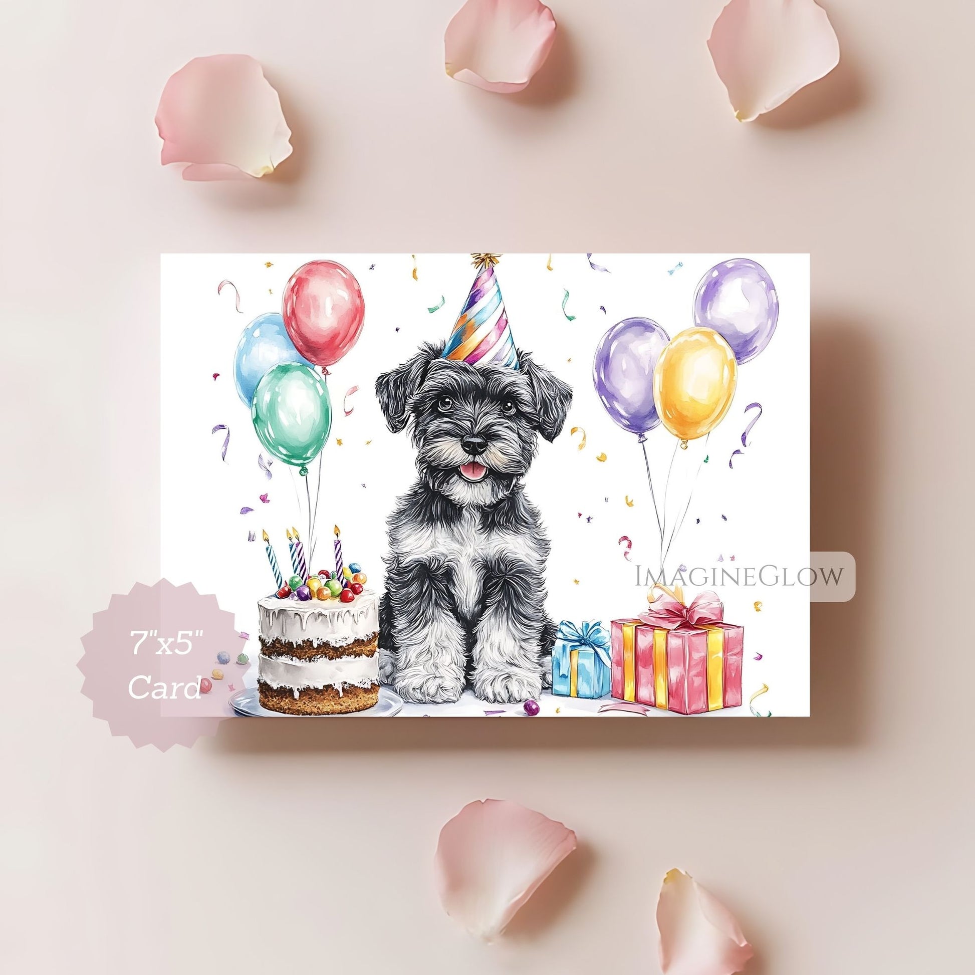 Birthday card with a dog wearing a party hat, balloons, and a cake on a light pink background.
