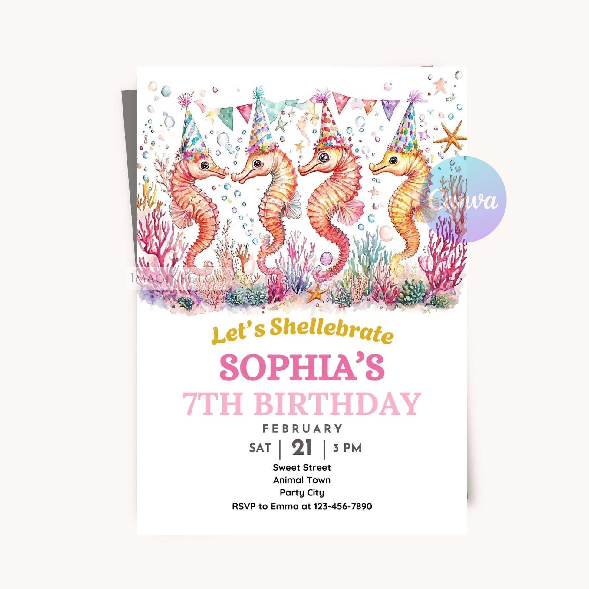 Editable seahorse birthday party invite template