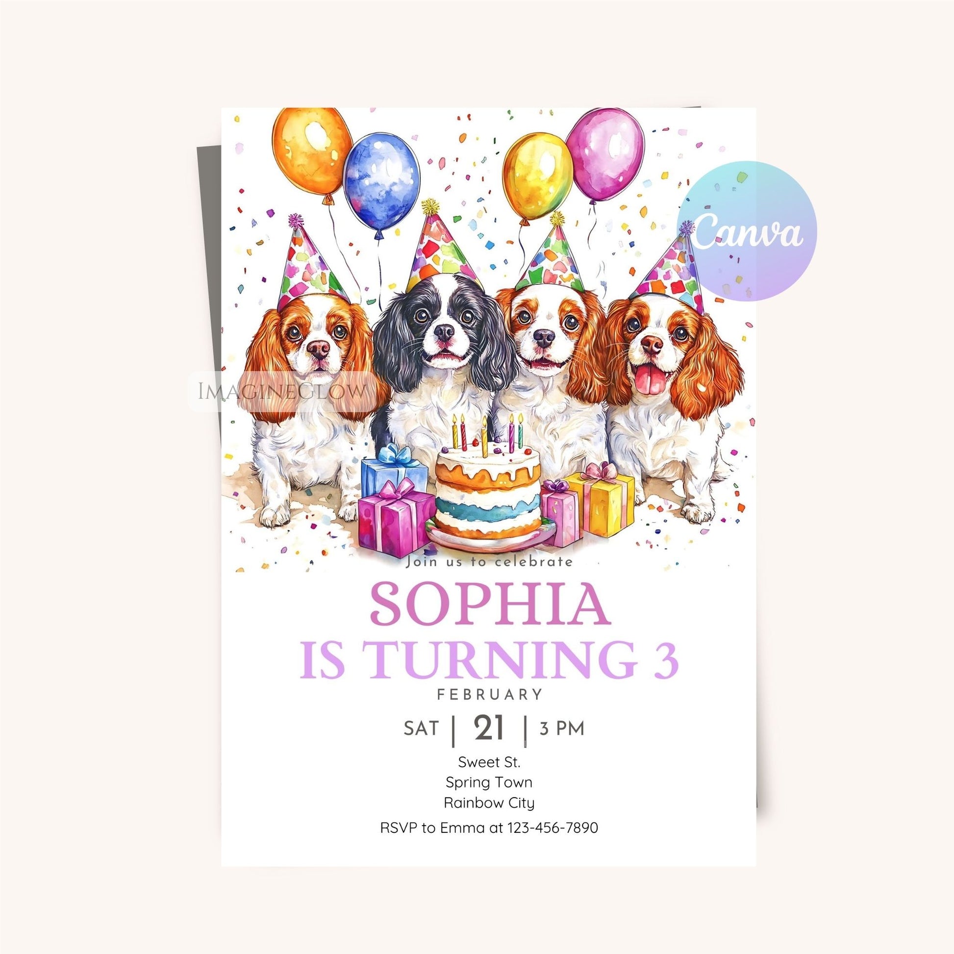 Printable Cavalier Spaniel party invite for dog lovers