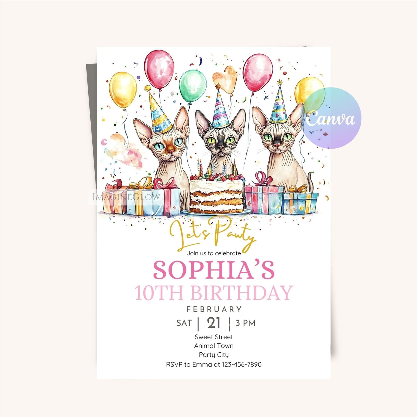 Digital Sphynx cat birthday invitation template.