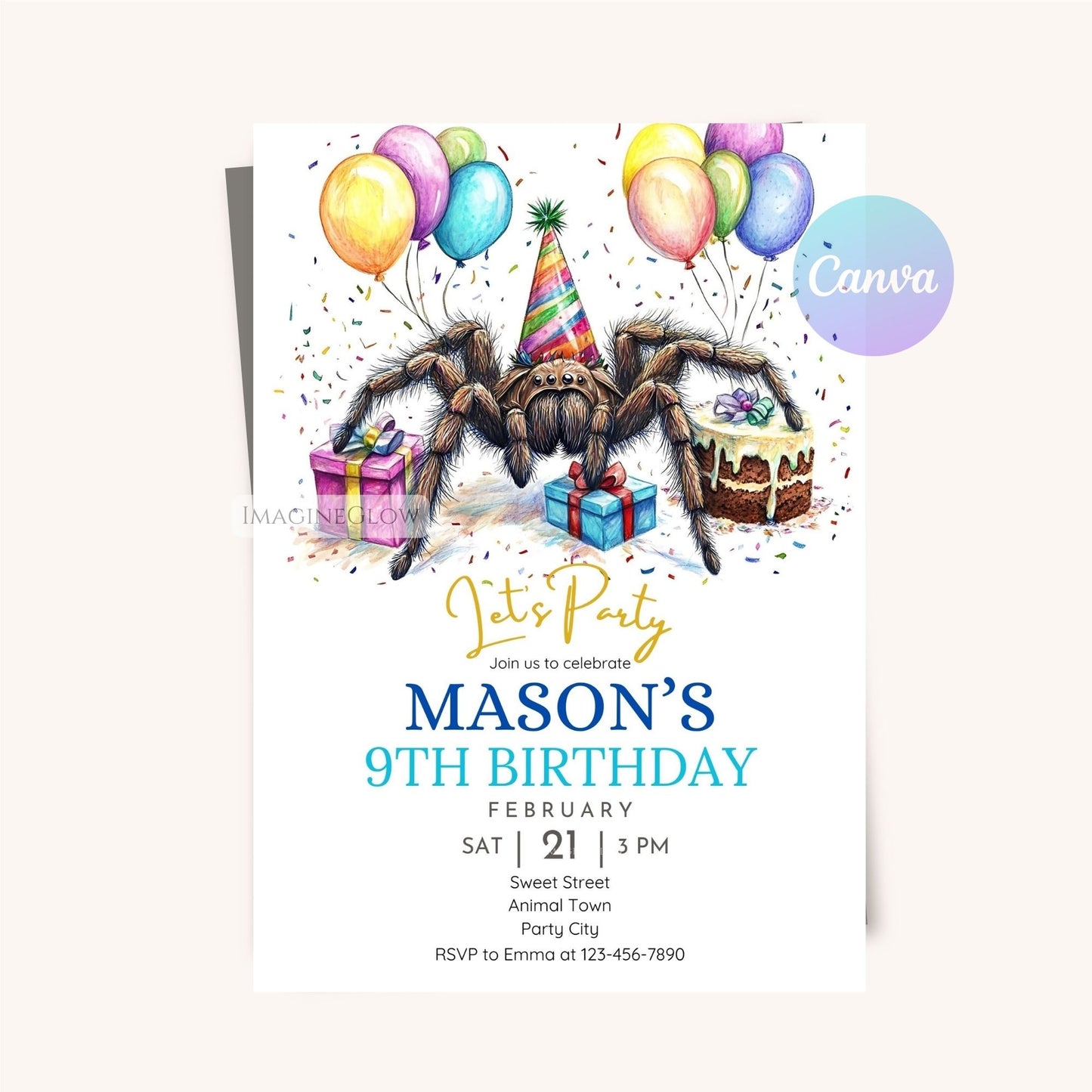Editable spider birthday invitation template.
