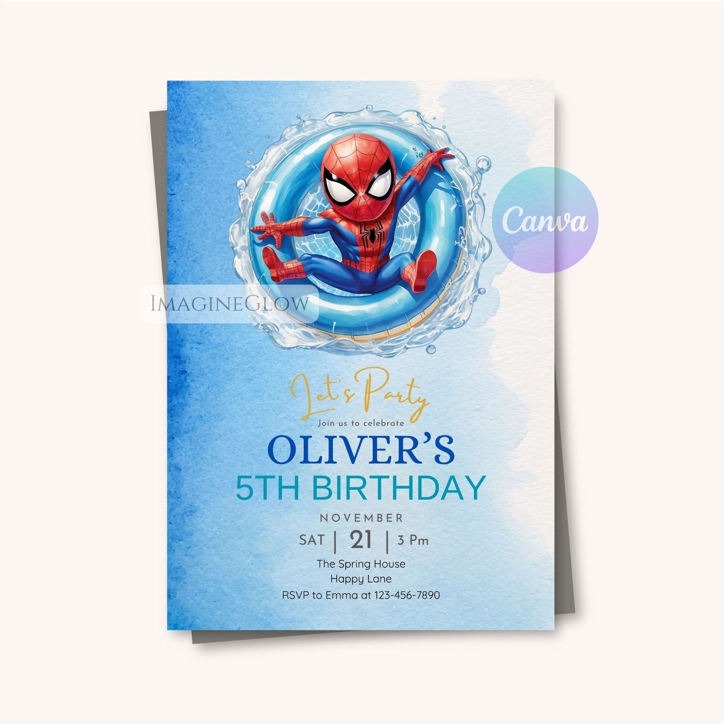 Birthday invitation card with Spider-Man design on a blue background