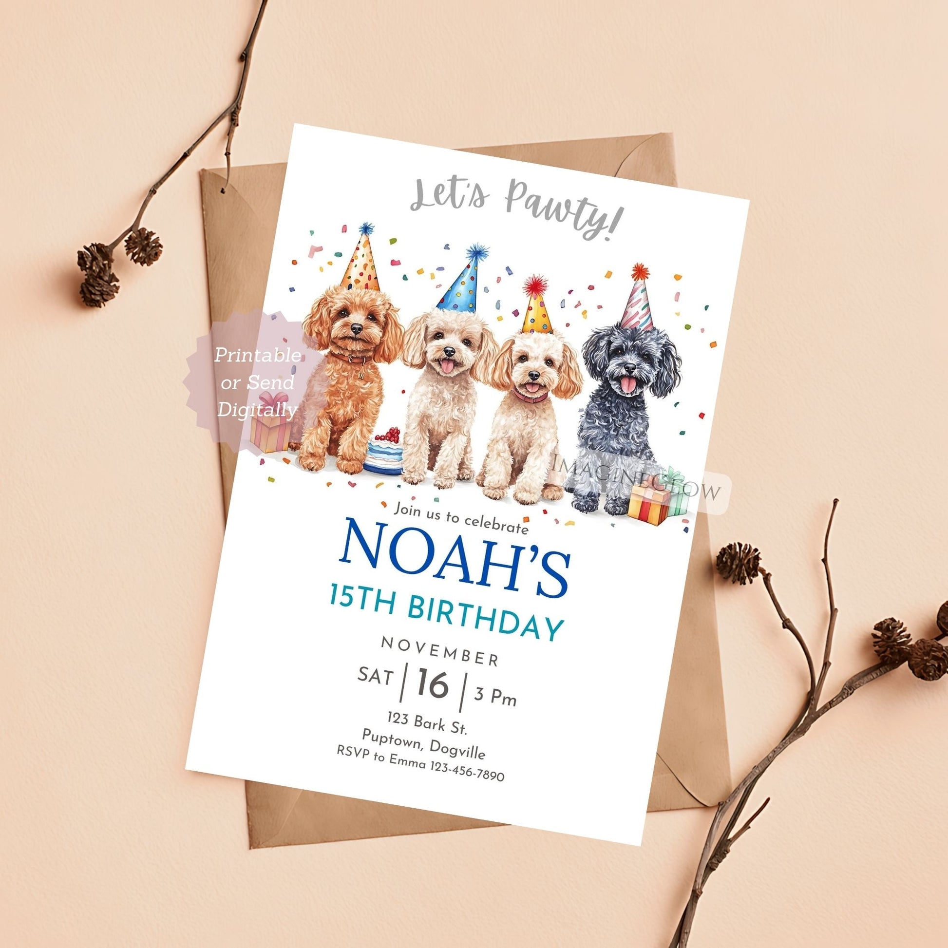 Toy Poodle birthday invitation with a cute puppy theme.