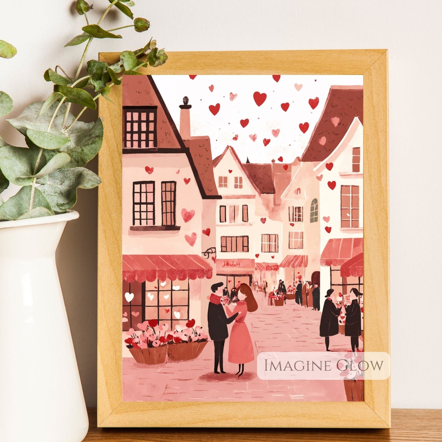 Hand-drawn Valentine’s Day town art for instant download
