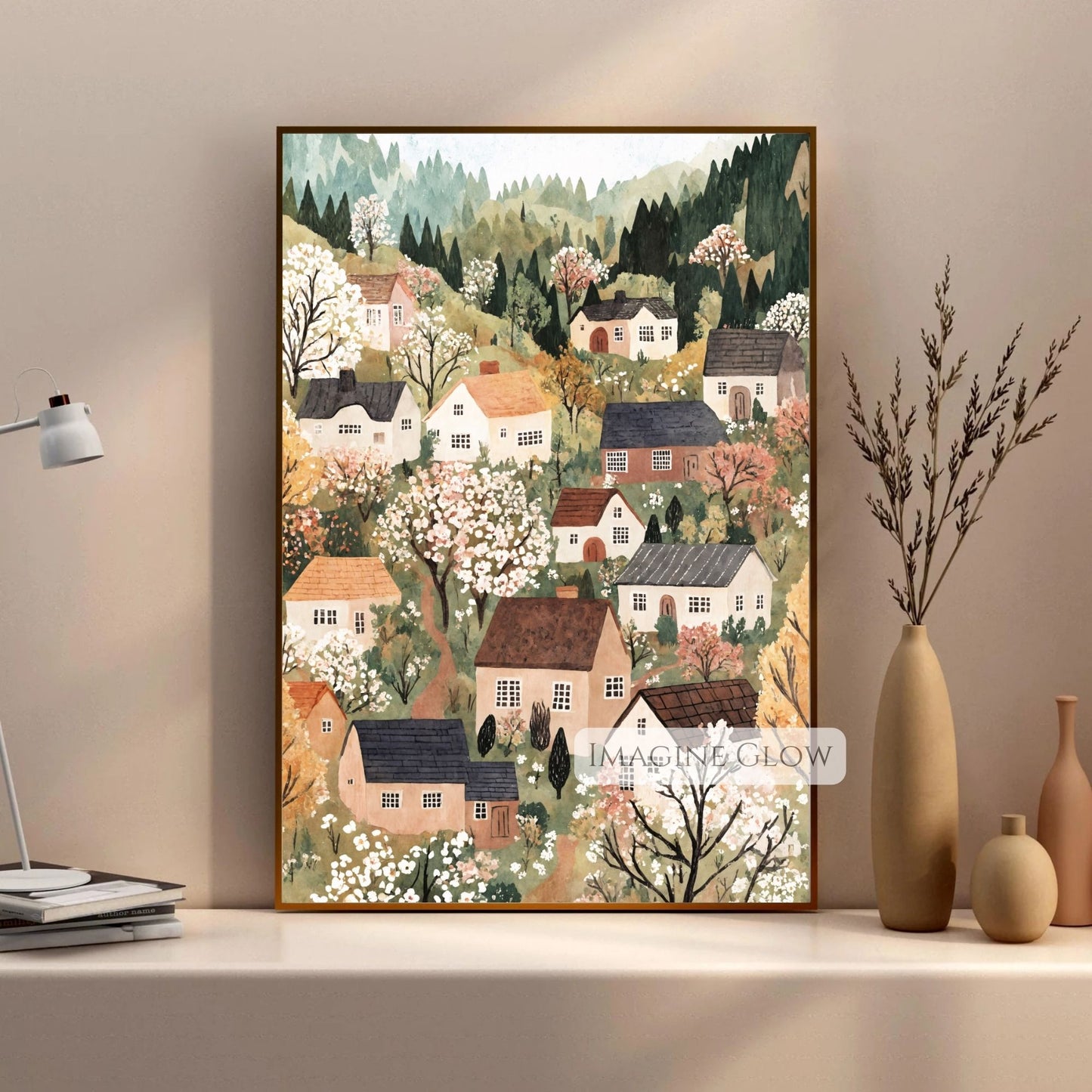 Hand-drawn countryside scene in springtime