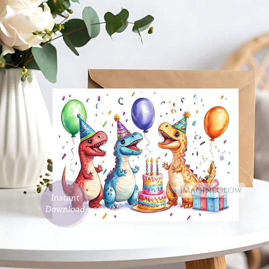 Birthday card with colorful dinosaurs, balloons, and a cake on a white surface.
