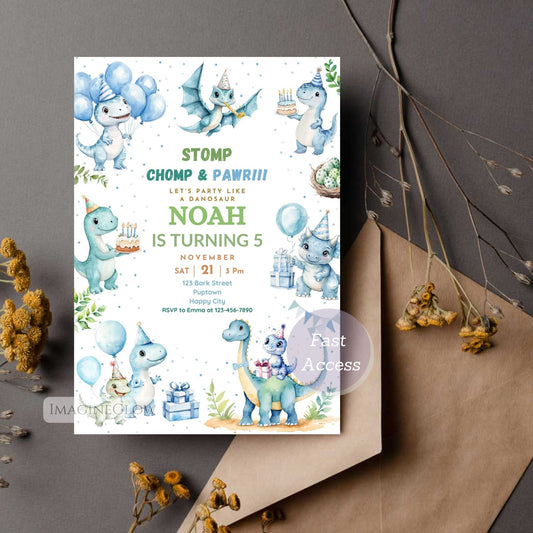 Dinosaur Birthday Invitation - Blue Theme Party Invitation