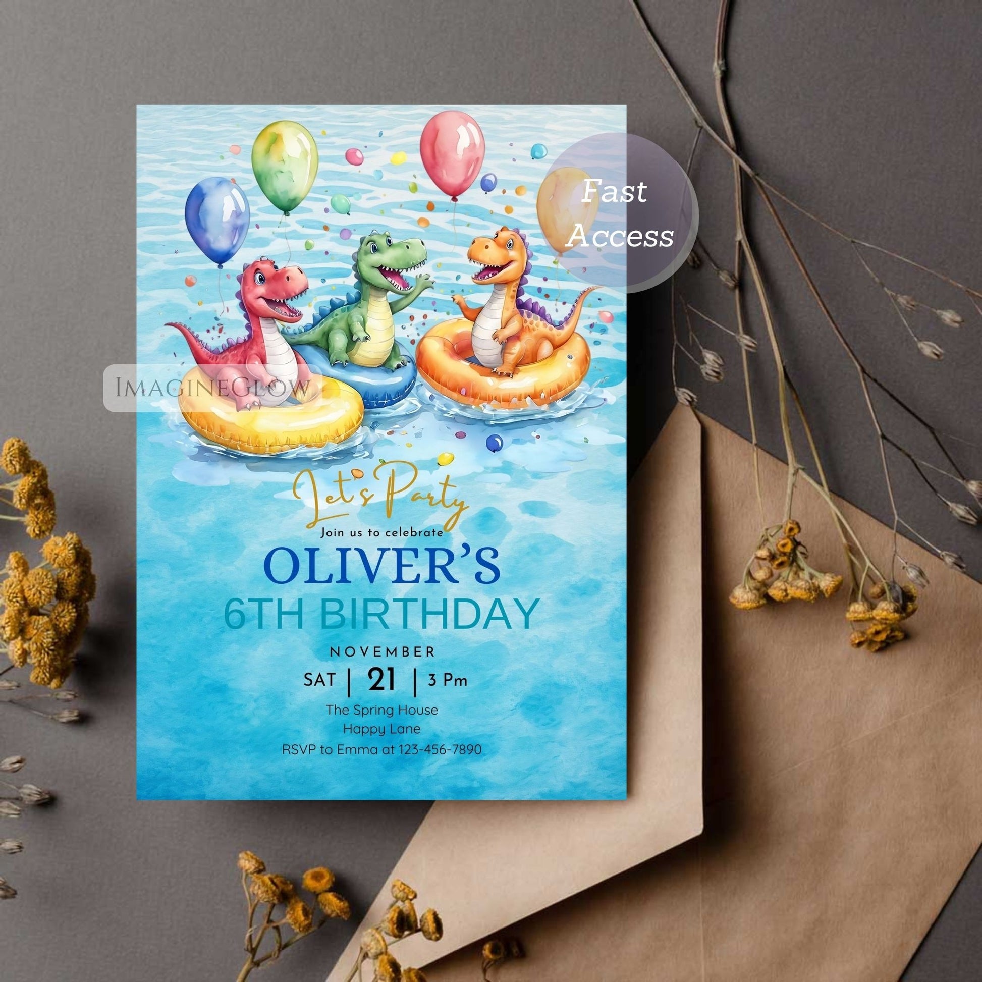 dinosaur pool party birthday invitation
editable dino swim party invite
