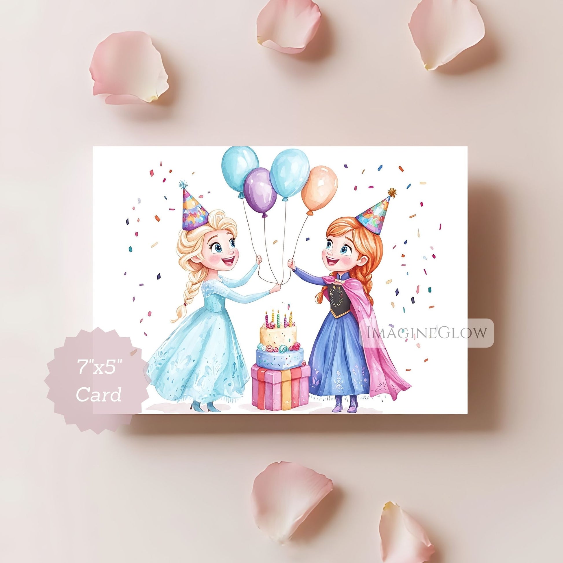 Illustration of two princesses with balloons and a cake on a card.
