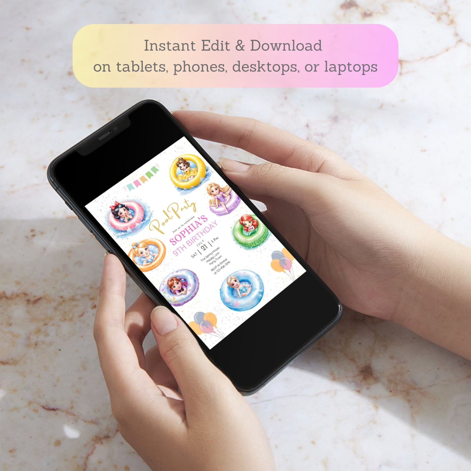 editable royal pool party card
disney princess swim party invitation