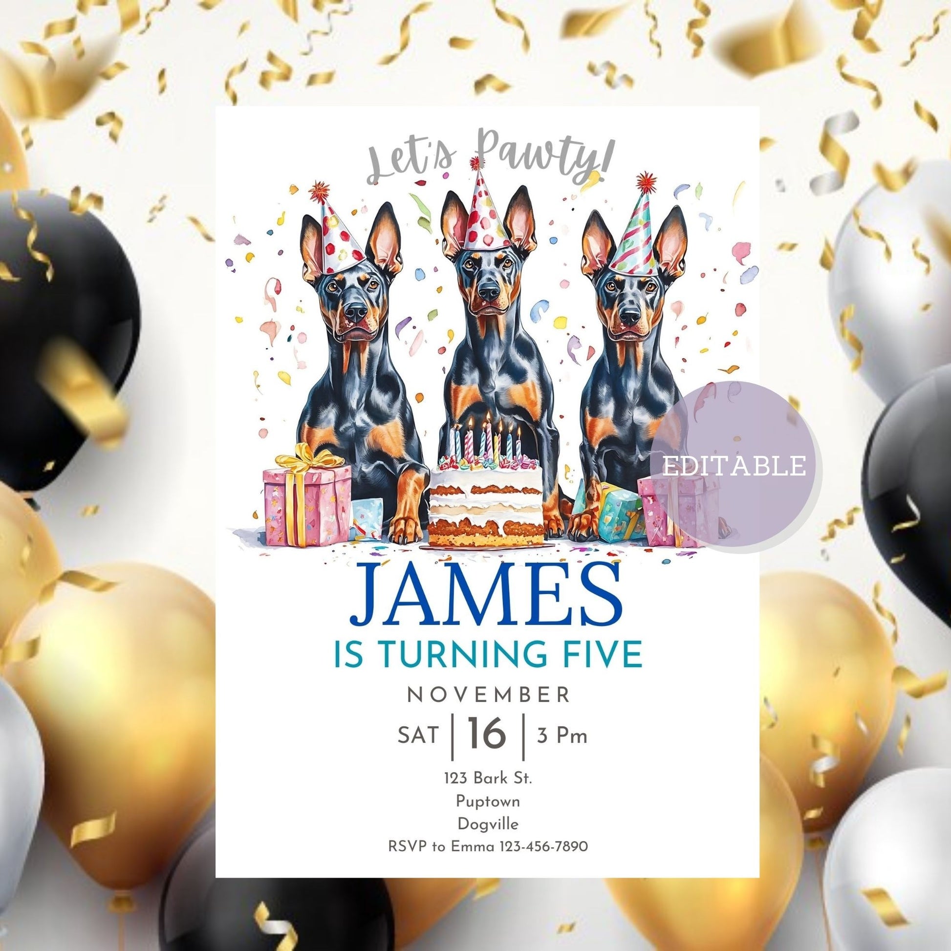 Printable dog birthday invitation featuring a Doberman design.