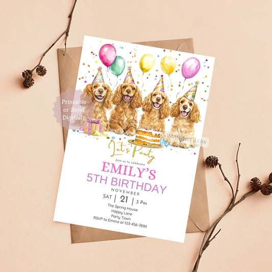 Cocker Spaniel birthday invitation with four dogs.