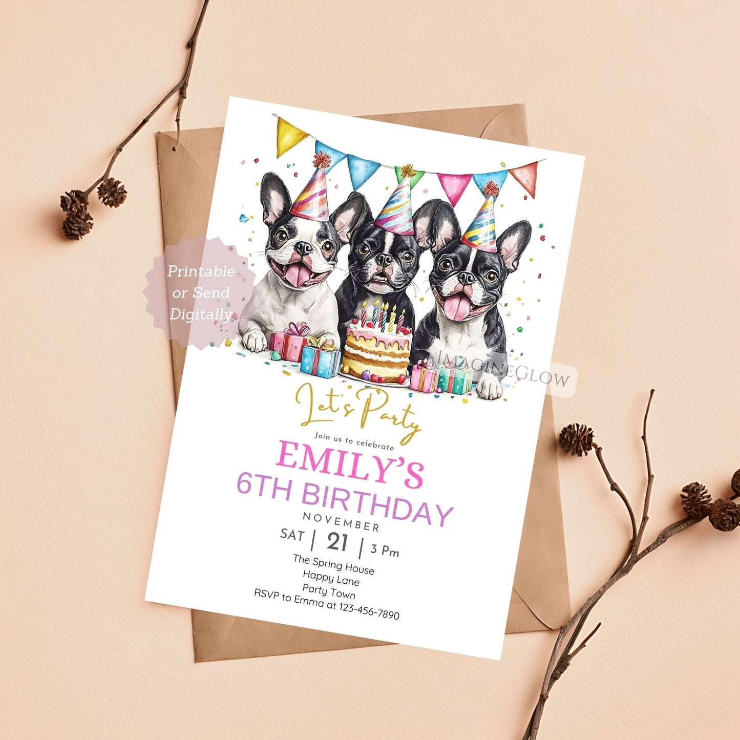 Boston Terrier birthday invitation featuring three dogs.