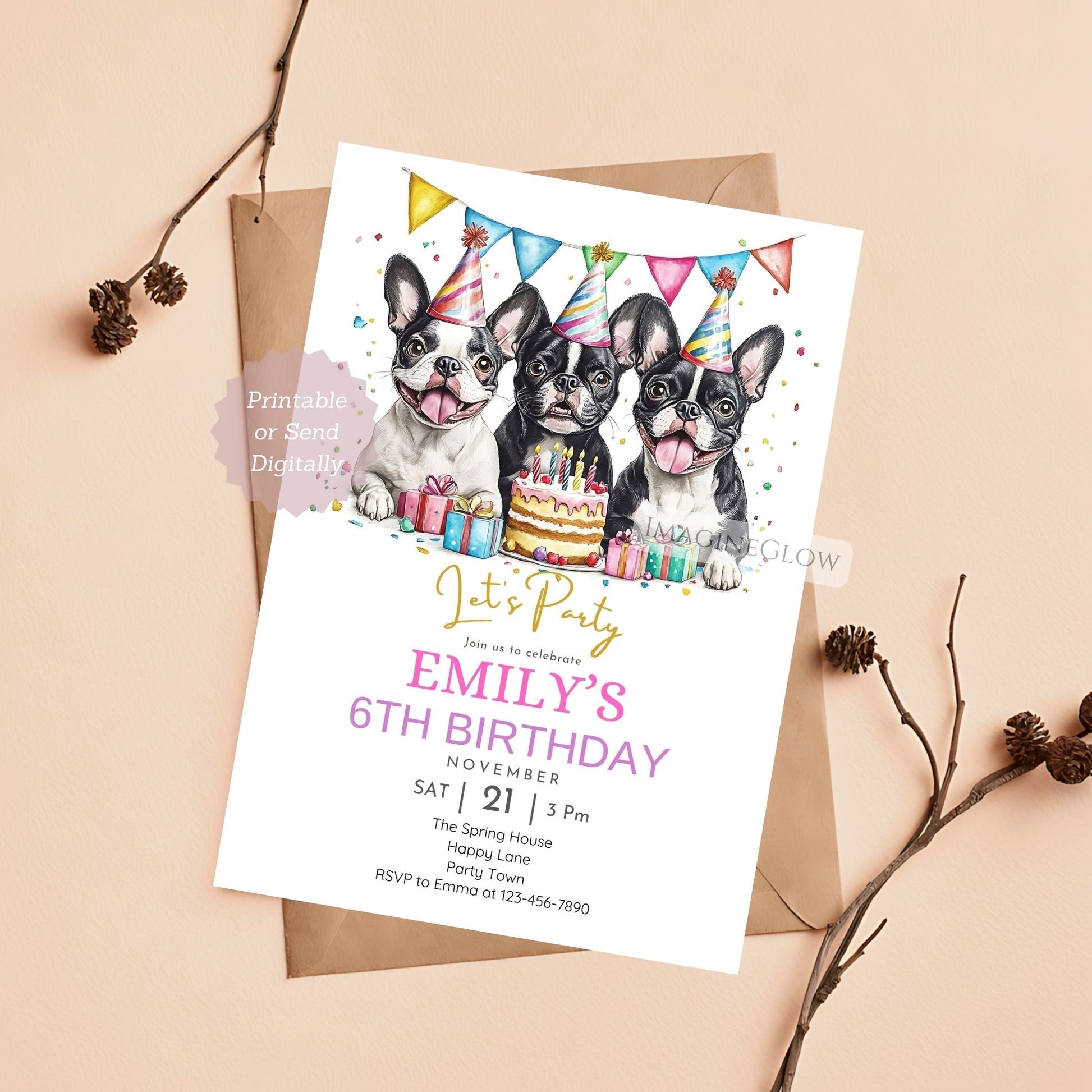 Boston Terrier birthday invitation featuring three dogs.