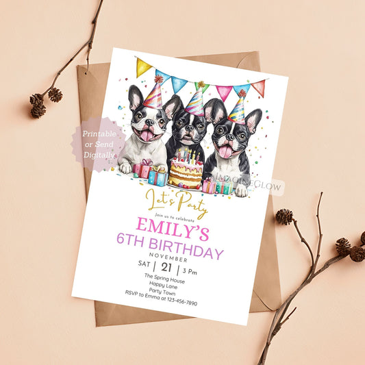 Boston Terrier birthday invitation featuring three dogs.