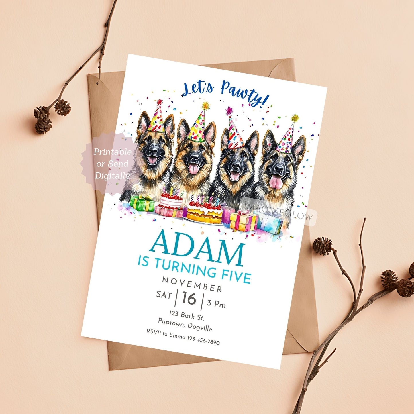 German Shepherd Dog Birthday Invitation Template - Editable Dog Party Invite - Printable Canva Design